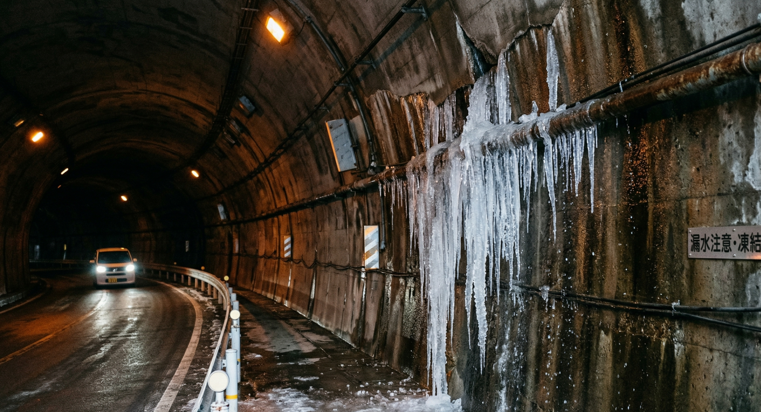 トンネル天井の漏水箇所から発生したつらら（氷柱）