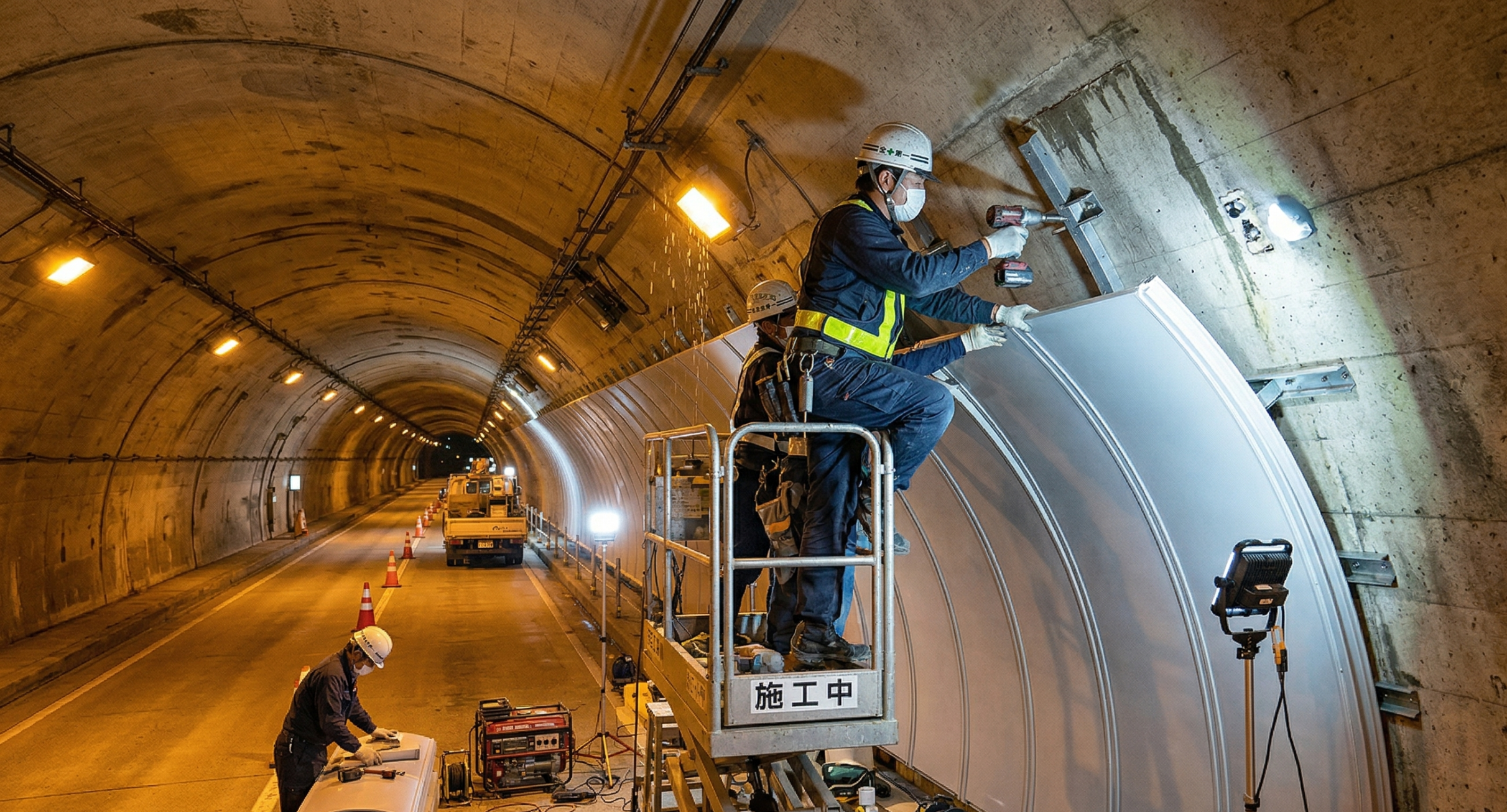トンネル内で導水樋の設置作業を行う作業員