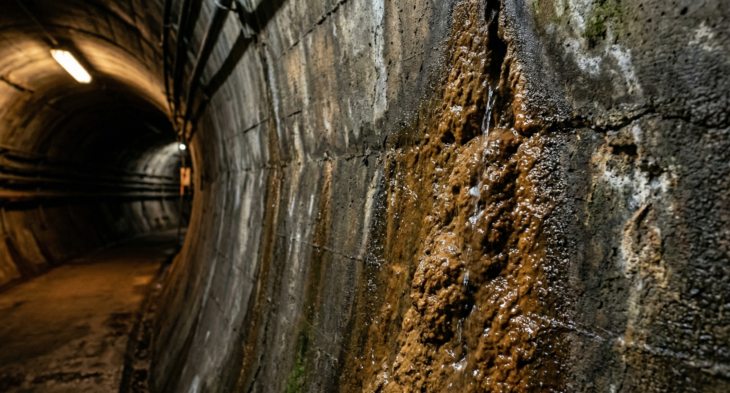 トンネル壁面の漏水箇所に付着した茶褐色の鉄バクテリア汚泥