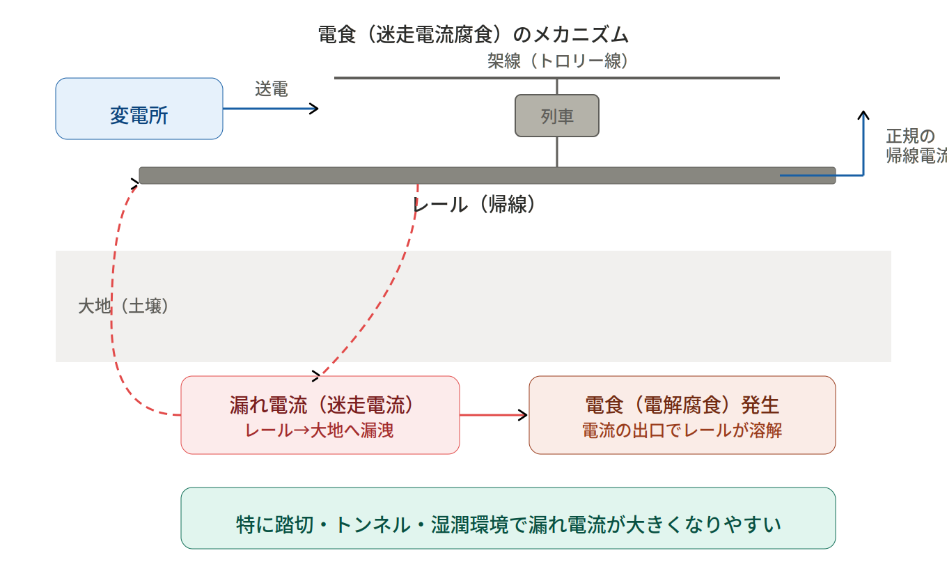 電食のメカニズム：直流電化区間における漏れ電流の流れとレール腐食の発生箇所